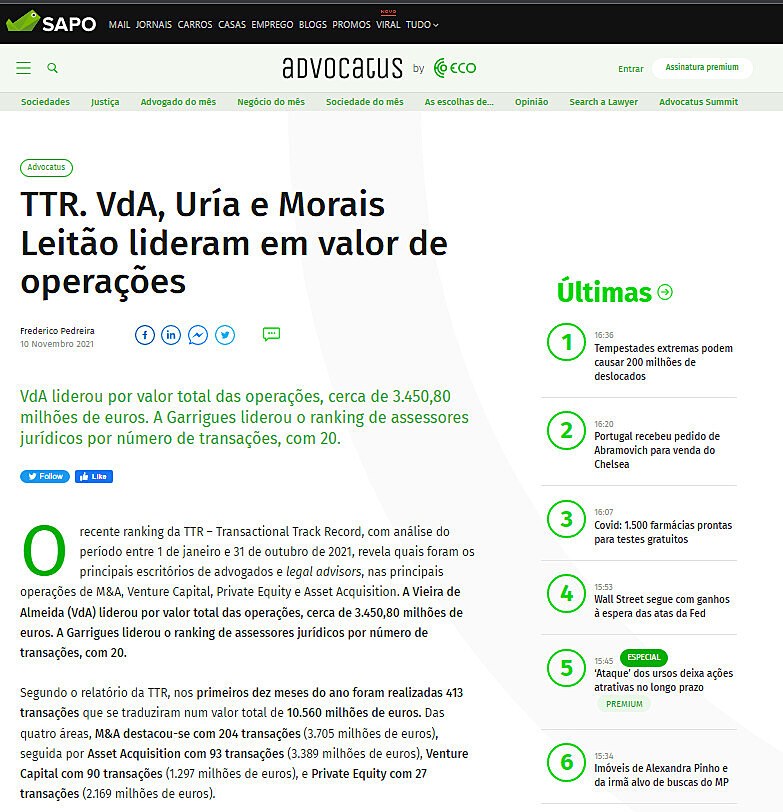 TTR. VdA, Ura e Morais Leito lideram em valor de operaes